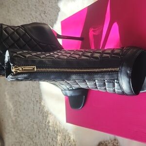 Quilted Black Peep-Toe Stiletto Booties with Gold Zip